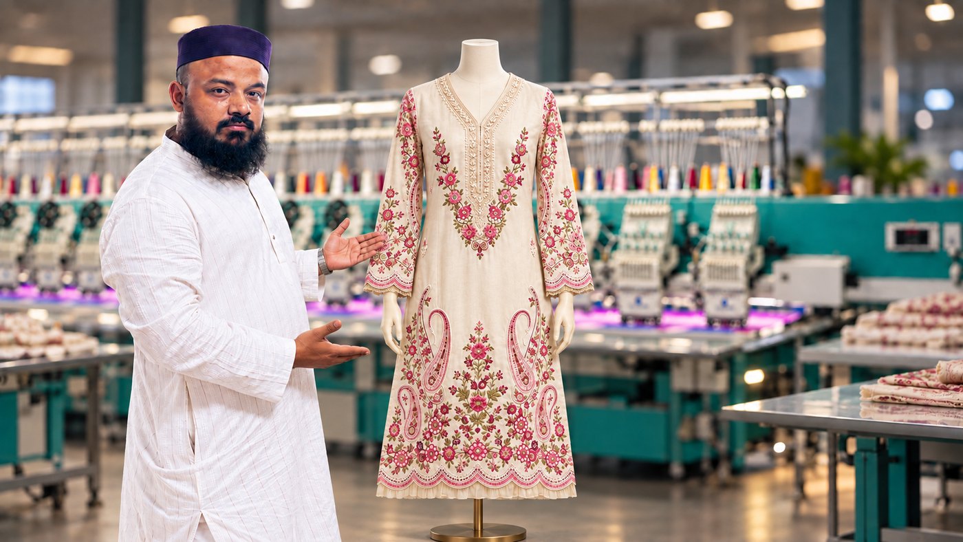 A finished embroidered dress on a mannequin, shown on the Perfect Art workshop floor